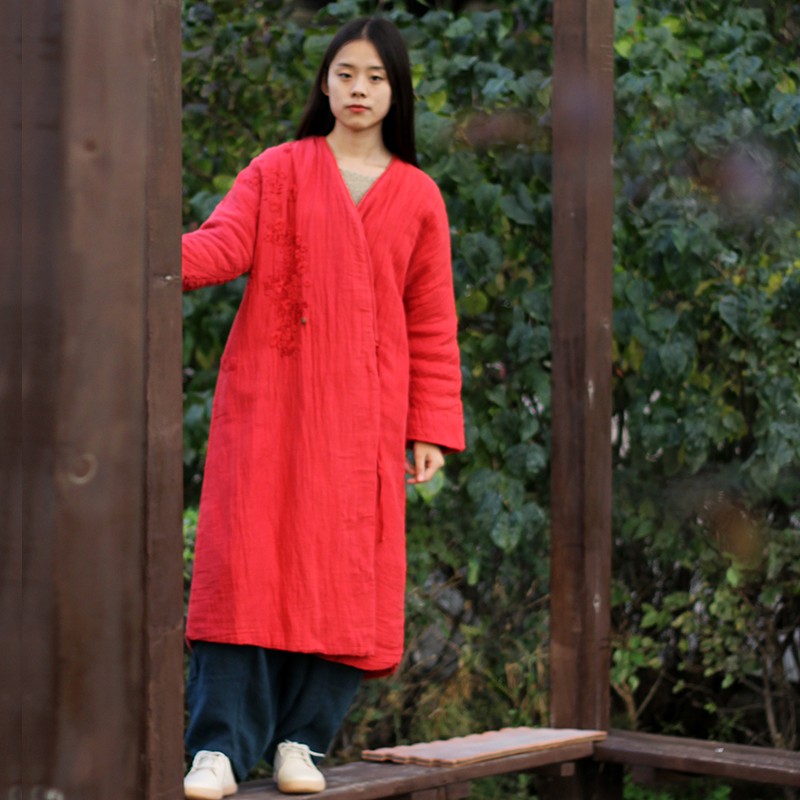 花枝秾长款棉服宽松朴雅禅意复古两件套绣花亚麻红色过年外套中式
