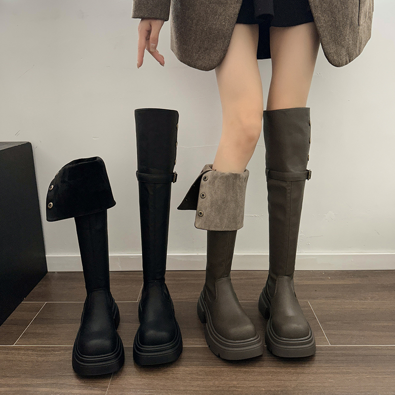 时尚两穿厚底长筒过膝靴子女2024秋冬新款粗跟加绒骑士长靴时装靴