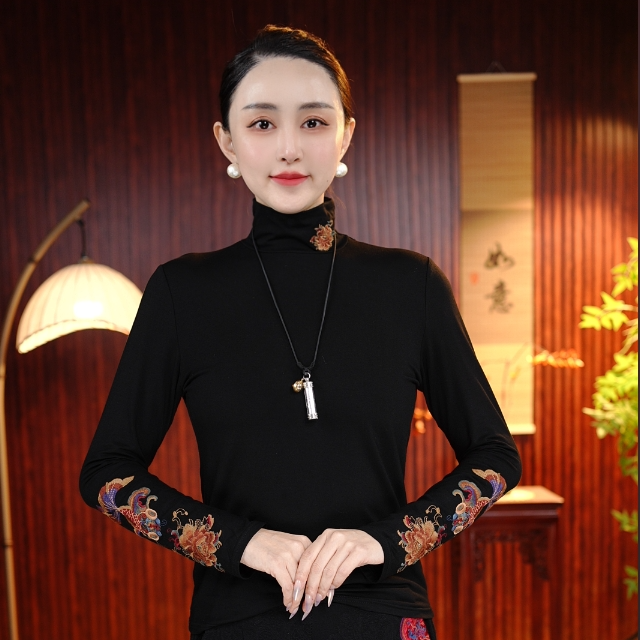 [夜幕]柒夫人高定薄款半高领气质优雅百搭新中式刺绣打底衫