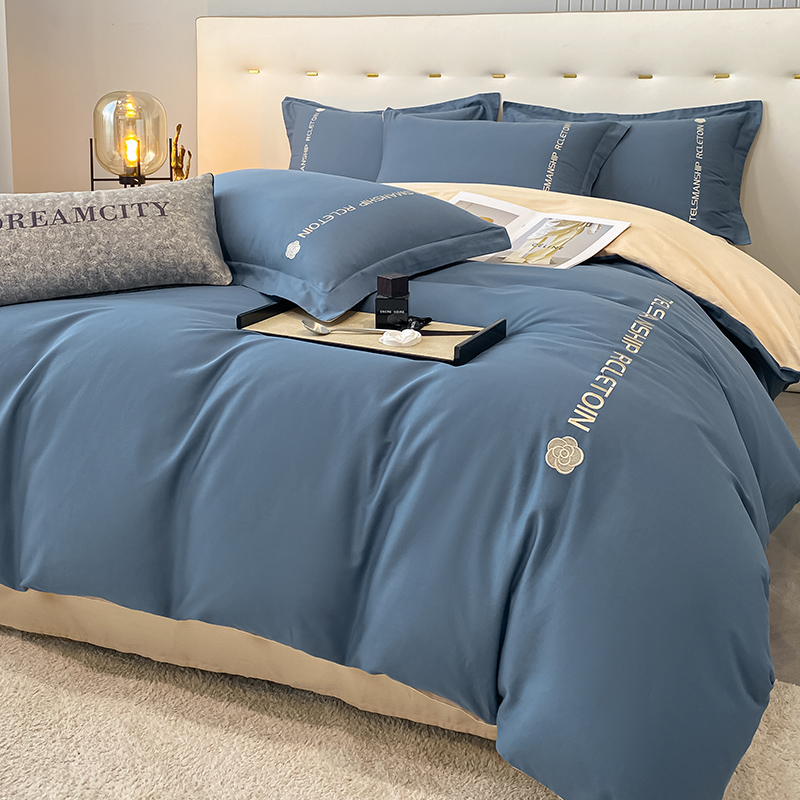 四季轻奢简约A类纯棉纯色双拼被罩家纺床上用品全棉绣花四件套