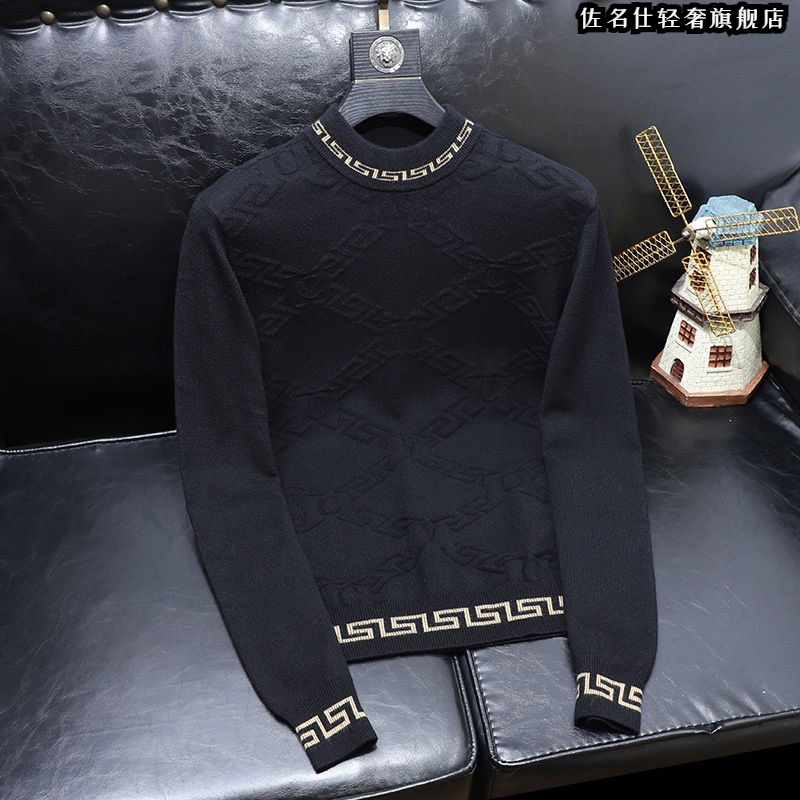 2023轻奢羊毛衫男秋冬高档潮流时尚提花圆领新款长袖毛衣针织衫