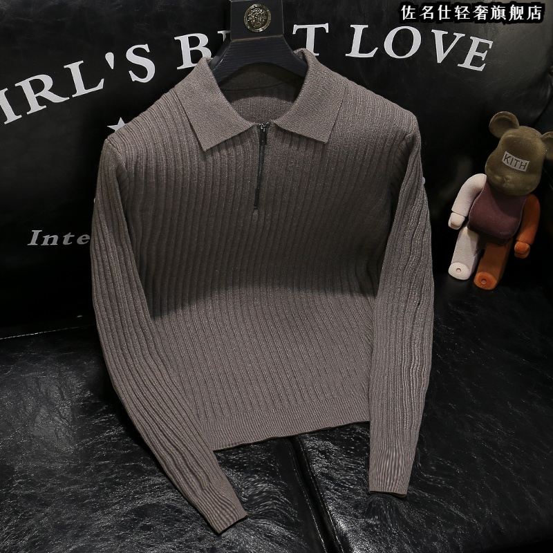 欧货秋冬新款韩版时尚百搭修身针织衫男士纯色翻领毛衣ins潮上衣