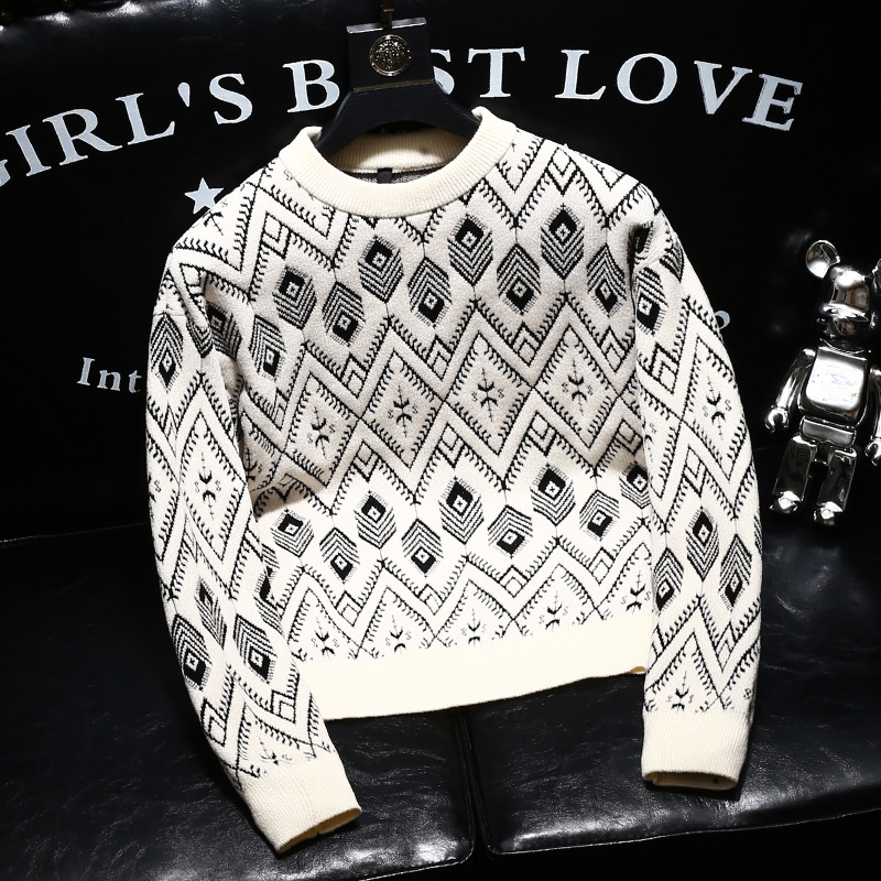 欧货轻奢专柜品质高级感针织衫男士简约图案圆领打底冬季毛衣男