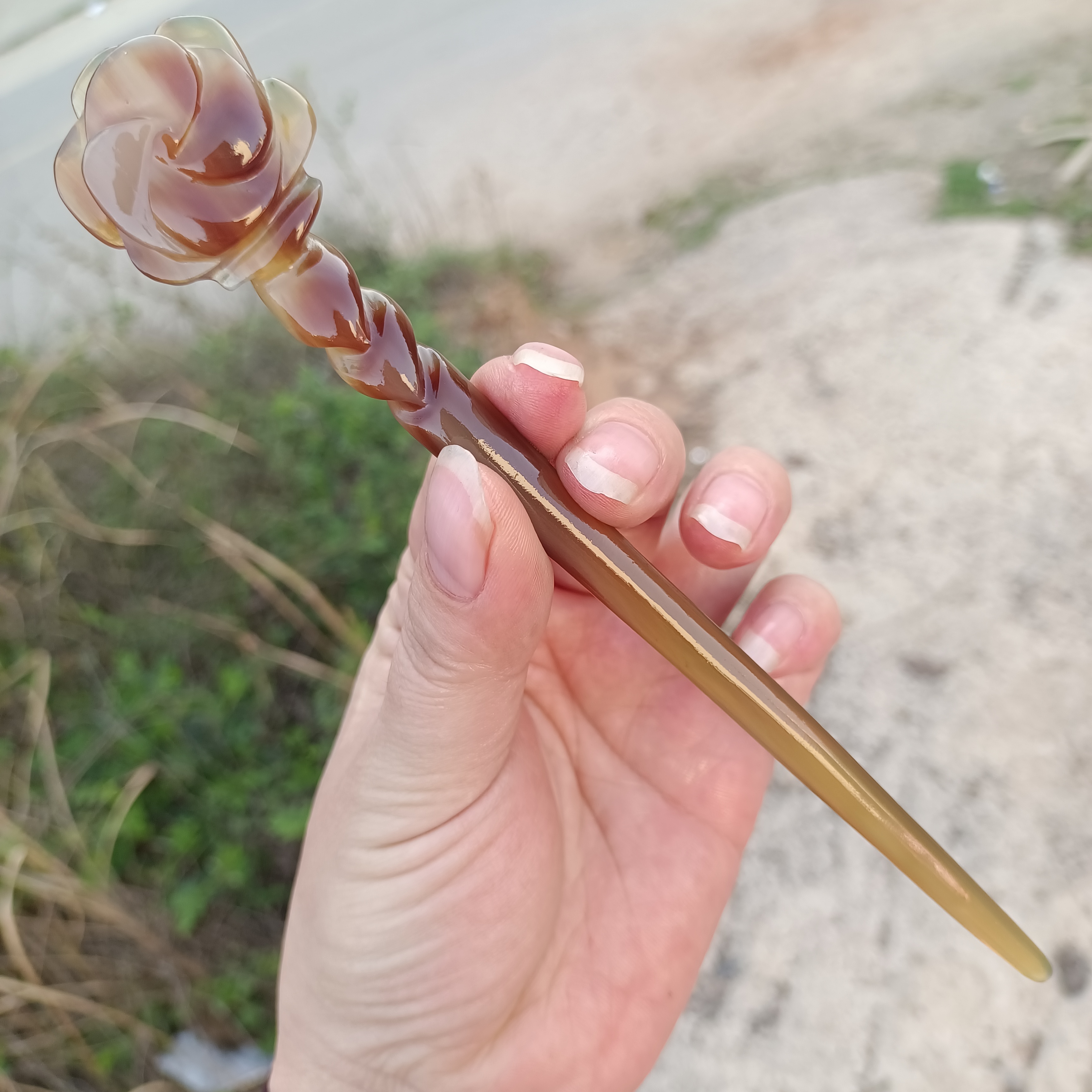 精品牛角玫瑰花18厘米发簪分发梳