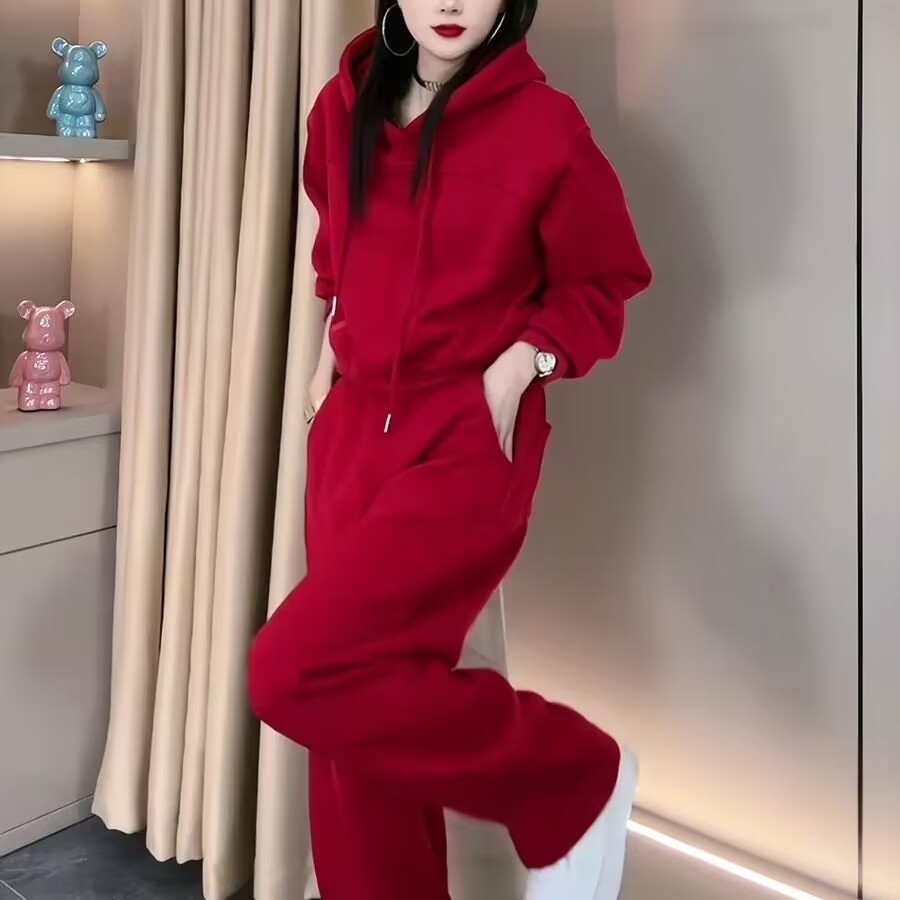 春季新款中国红加厚加绒卫衣直筒洋气休闲裤两件套本命年时尚套装
