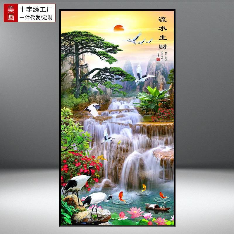 十字绣新款山水风景画流水生财竖版十字绣新款迎客松客厅手工满绣