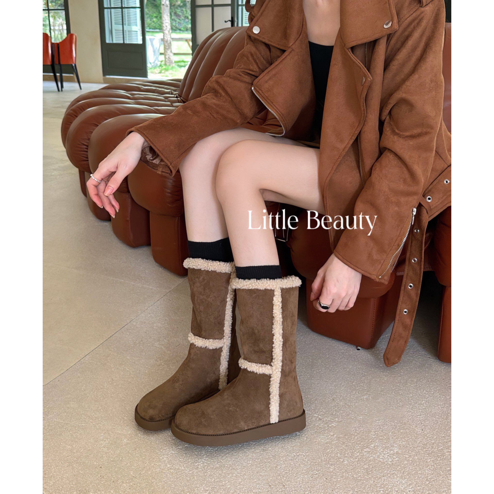 圆头平底加绒加厚保暖雪地靴女2023秋冬新款休闲百搭套筒绒面靴子