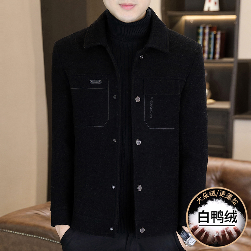 夹克羽绒服男士2025冬季加厚保暖呢子上衣翻领白鸭绒内胆毛呢外套