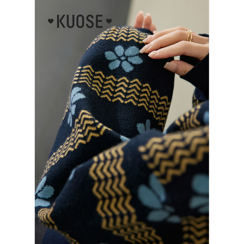 【秋日协奏曲】阔色条纹撞色毛衣女2023秋冬polo领针织衫KSH2309008