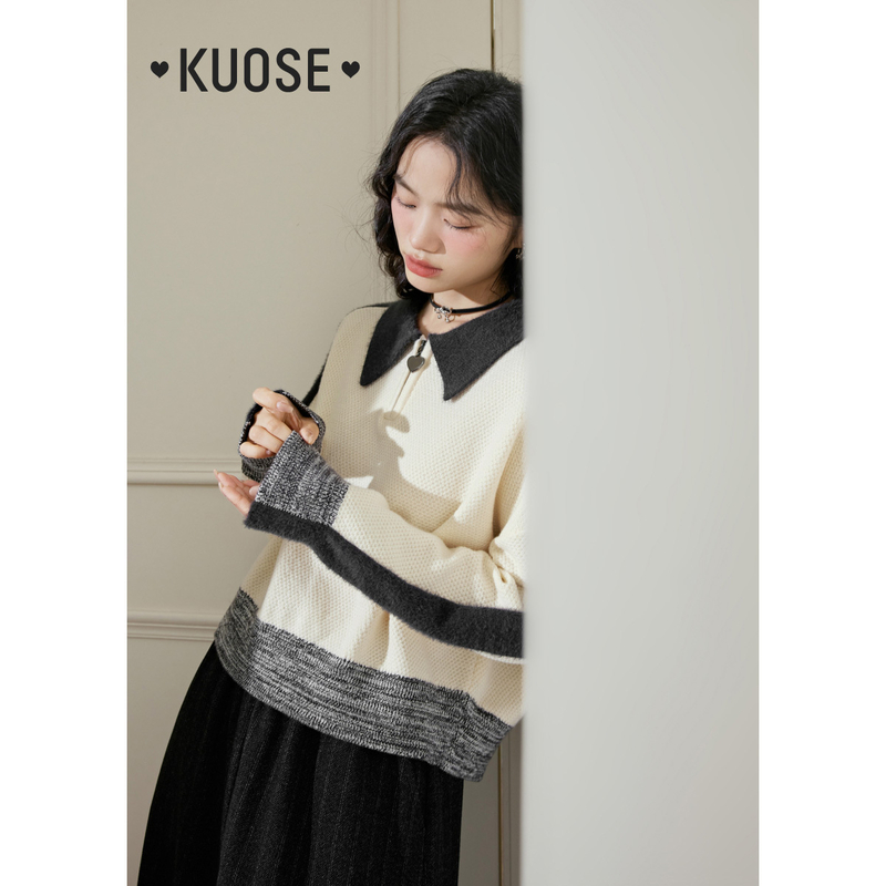 阔色撞色polo领毛衣女2023秋冬季拉链针织衫长袖上衣KSH2307049