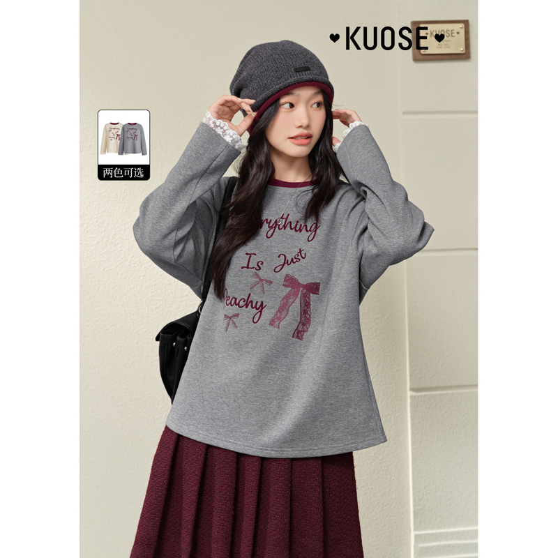 【视频专属】阔色长袖T打底衫女2024冬季新款蝴蝶结卫衣KSD2412010