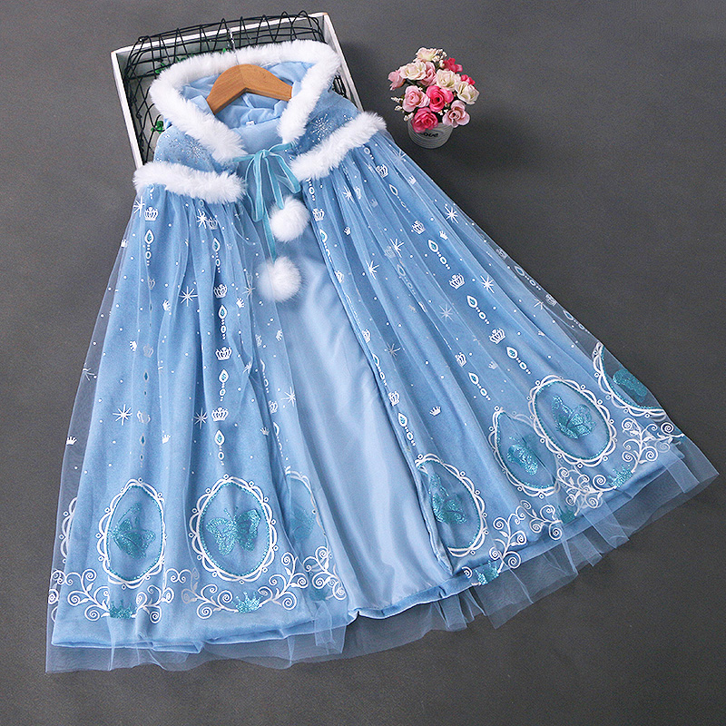 爱莎公主披风冰雪奇缘女童秋冬新款艾莎披肩爱沙儿童斗篷加绒外套
