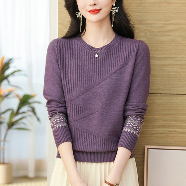 秋冬新款宽松圆领毛衣女宽松中年妈妈上衣提花针织打底衫百搭年轻