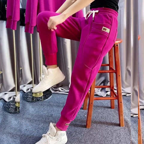 加绒加厚休闲运动裤女冬季棉韩版火龙果色卫裤高腰束脚彩色暖裤子