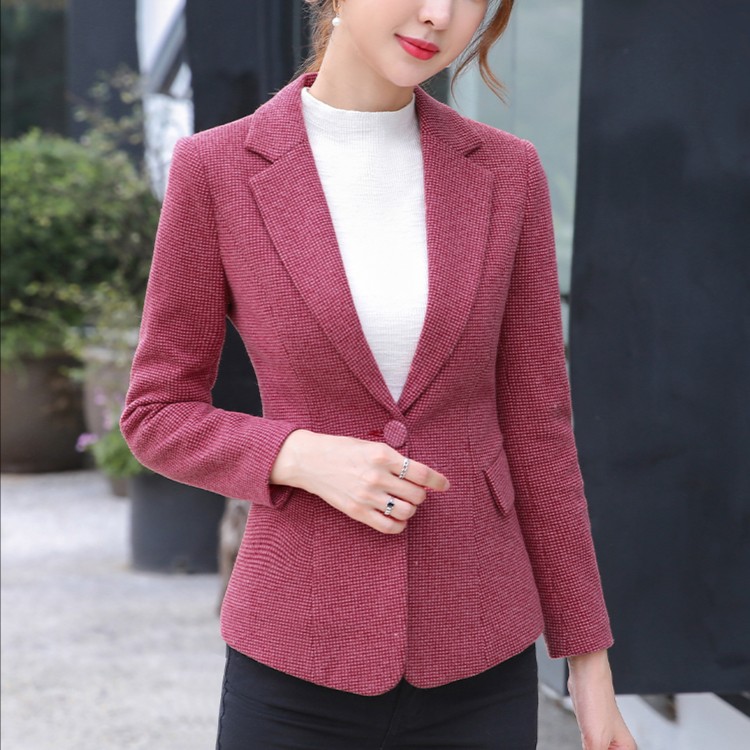2023新款春秋修身长袖上衣休闲气质毛呢西服格子小西装外套女
