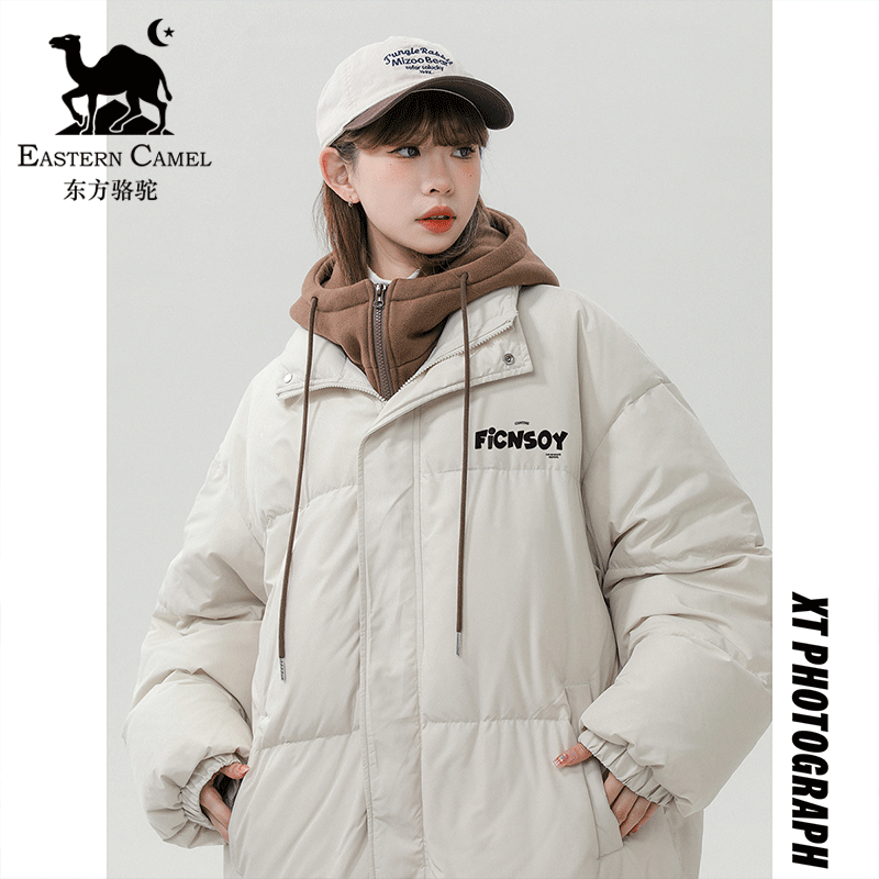 东方骆驼嘻哈复古街头假两件加厚棉服外套男冬季连帽棉衣情侣袄子