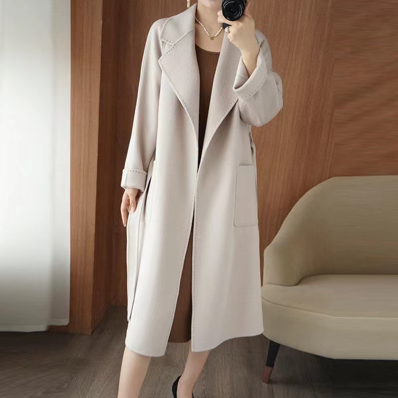 碟漫莎新款双面羊毛大衣100%腰带宽松女韩版羊毛大衣洋气加厚长款