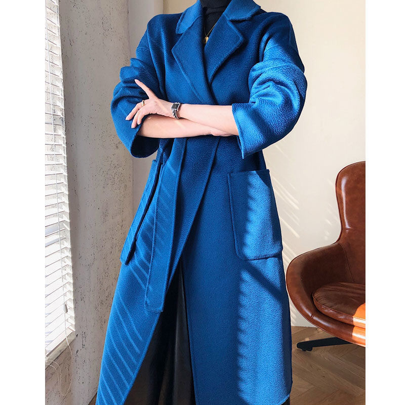 碟漫莎新款水波纹长款羊毛大衣浴袍款腰带韩版洋气女士时尚羊毛呢