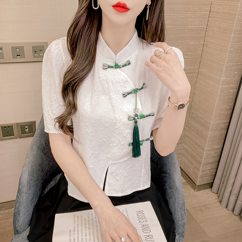 新中式衬衫女短袖夏季2025年新款设计感小众泡泡袖不规则盘扣上衣