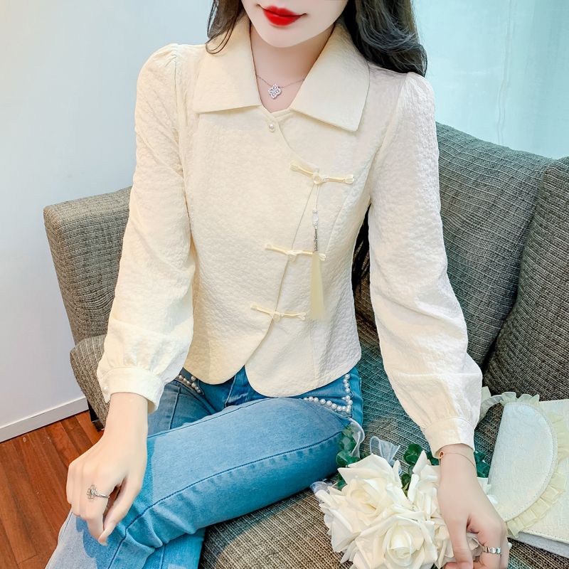 新中式盘扣娃娃领长袖收腰衬衫女早春2025新款气质中国风复古上衣