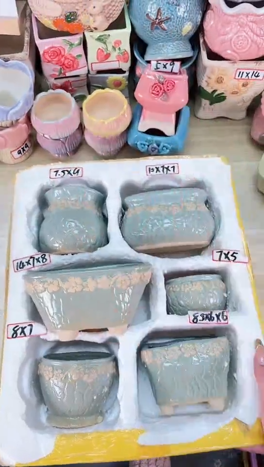 【闪购商品】陶瓷15cm以下@@F4-58A绿茵花盆6件套