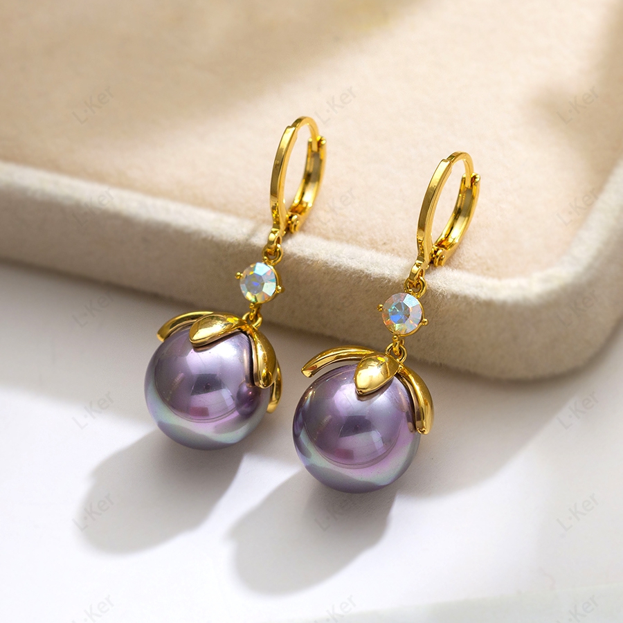 铜合金合成锆石耳饰 【柿柿如意】2024轻奢紫色珠珠时尚耳环1797