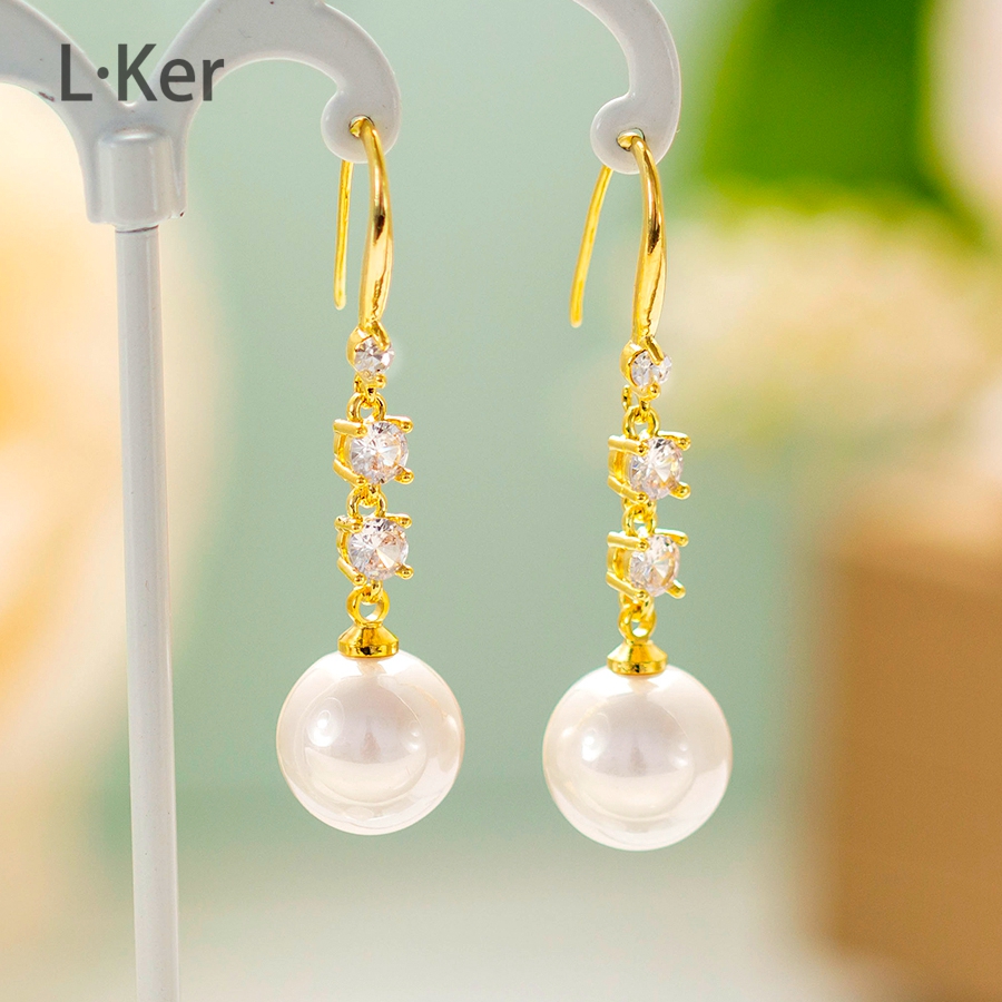 铜合金合成锆石耳饰 白月光法式满钻珠珠流苏长款时尚感耳环1211