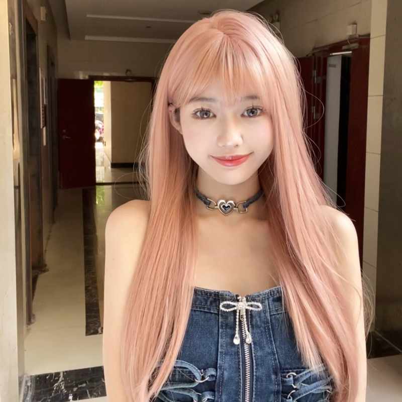 束朵假发女西柚粉长直发网红日常Lolita假发自然齐刘海jk全头套