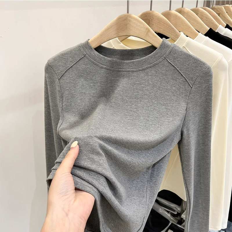 欧货秋冬圆领打底衫女2024新款修身显瘦长袖t恤洋气简约内搭上衣