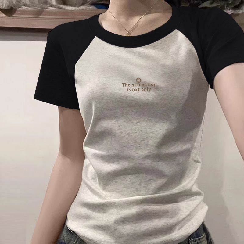 2024新款正肩撞色纯棉短袖t恤女ins时尚百搭减龄显瘦插肩上衣夏季