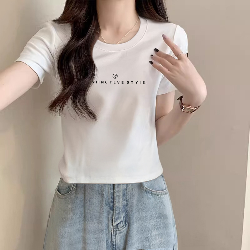 设计感白色正肩女t恤夏季修身圆领短袖新款短款小个子减龄上衣