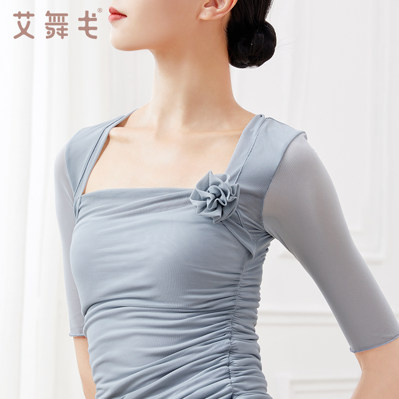 现代舞上衣舞蹈服中袖方领气质网纱古典舞五分袖短袖练功服成人女