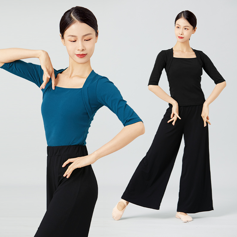 舞蹈服练功服上衣女夏季成人气质方领中长袖中国舞古典舞服形体服