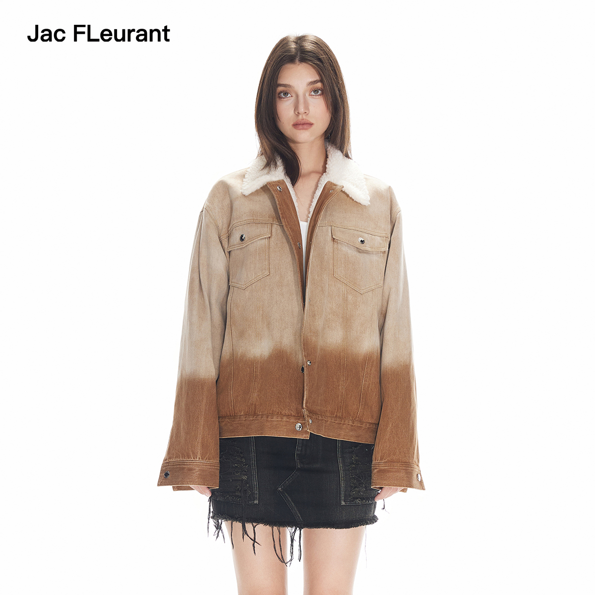 【于文文同款】JAC FLEURANT新品棕色渐变毛领内胆牛仔外套