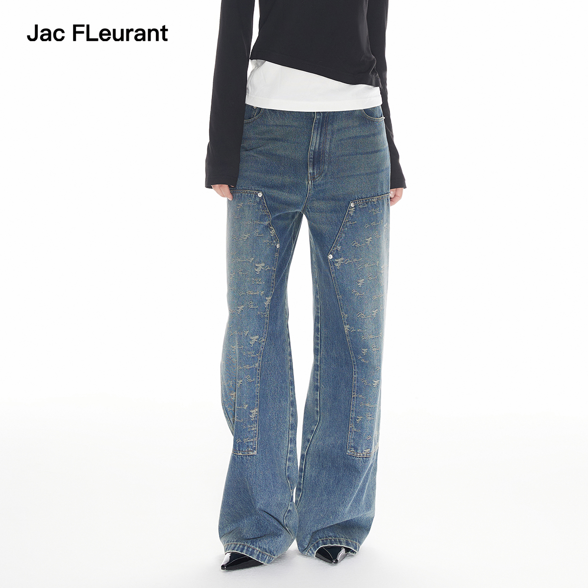 JAC FLEURANT新品蓝色水洗满印LOGO拼接设计款宽松牛仔裤