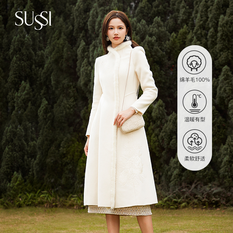古色SUSSI【官店】冬领襟嵌毛条斜开襟刺绣双面呢外套