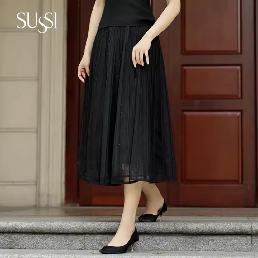 SUSSI/古色显年轻漂亮时尚女装秋冬网纱高腰钉珠松紧半身裙气质
