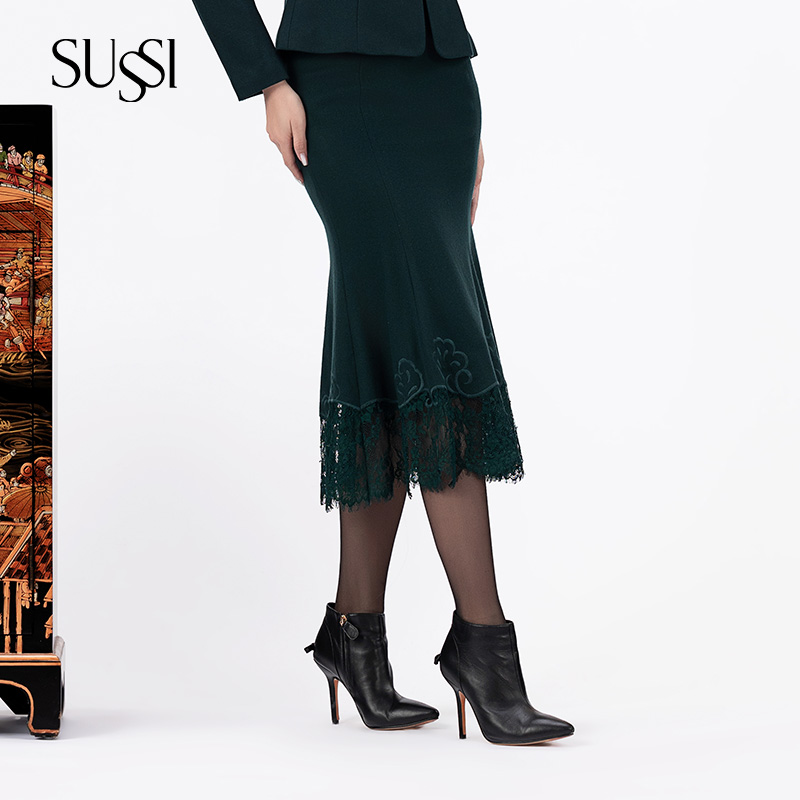 SUSSI/古色24秋冬商场同款墨绿色包臀长款羊毛鱼尾半裙女