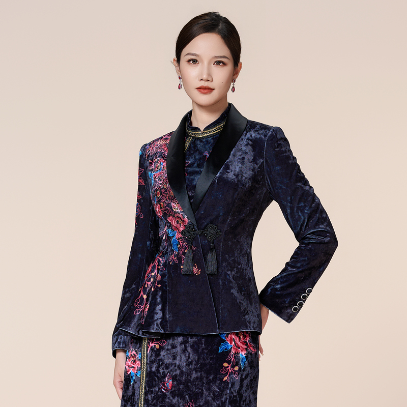 「宠粉节专属款」SUSSI/古色新品青果领斜襟丝绒印花收腰外套收腰