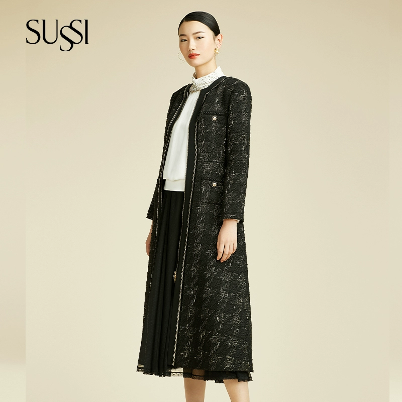 SUSSI/古色新品黑色圆型领前中拉链长款大衣外套女