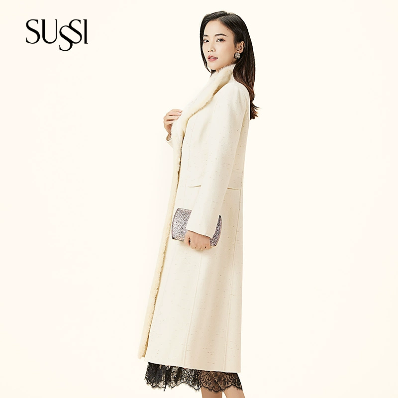 SUSSI/古色冬季新品商场同款米白色翻领长款羊毛大衣外套女