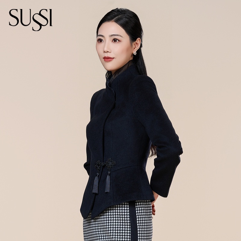 SUSSI/古色新品商场同款黑色中式百搭盘扣收腰外套女装