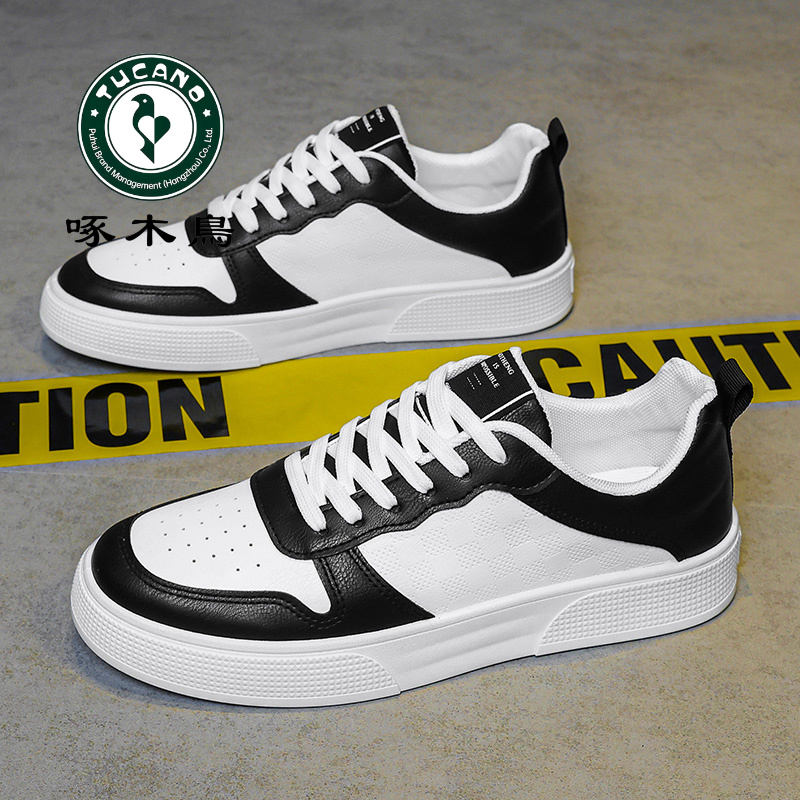 啄木鸟春秋款男鞋透气皮面小白鞋潮流百搭运动休闲鞋男款低帮板鞋