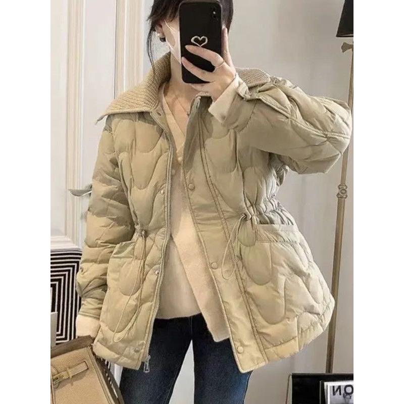 欧货大翻领拉链纽扣长袖棉服棉衣女2023年冬季百搭抽绳收腰上衣潮