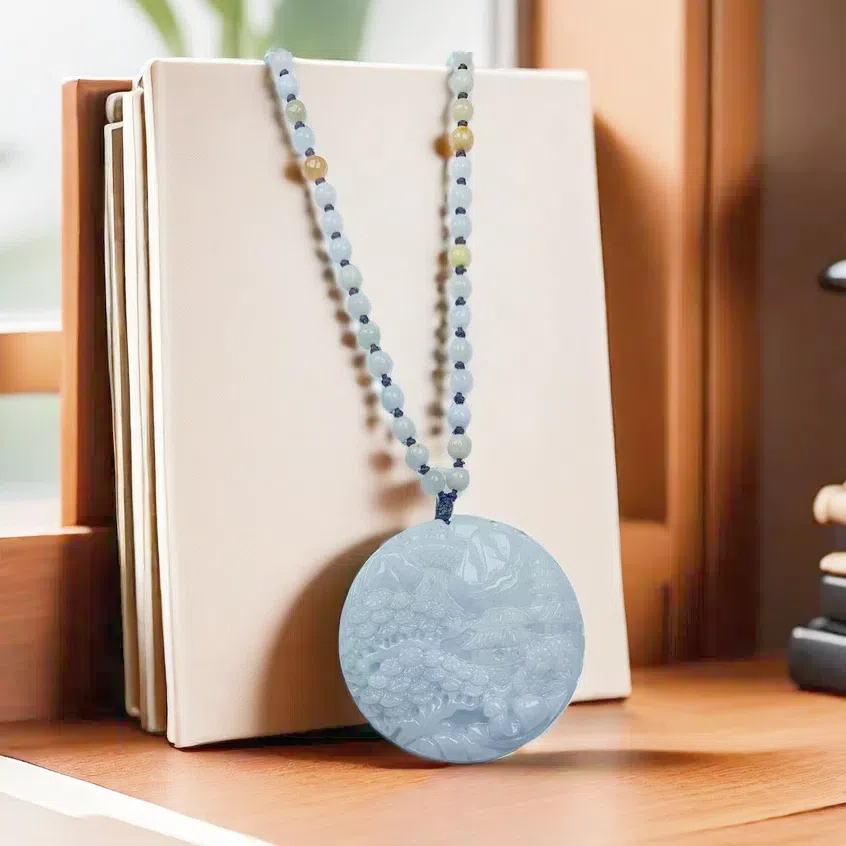 天然A货翡翠山水牌吊坠搭配翡翠多彩珠链玉石挂件-多样性发起一件