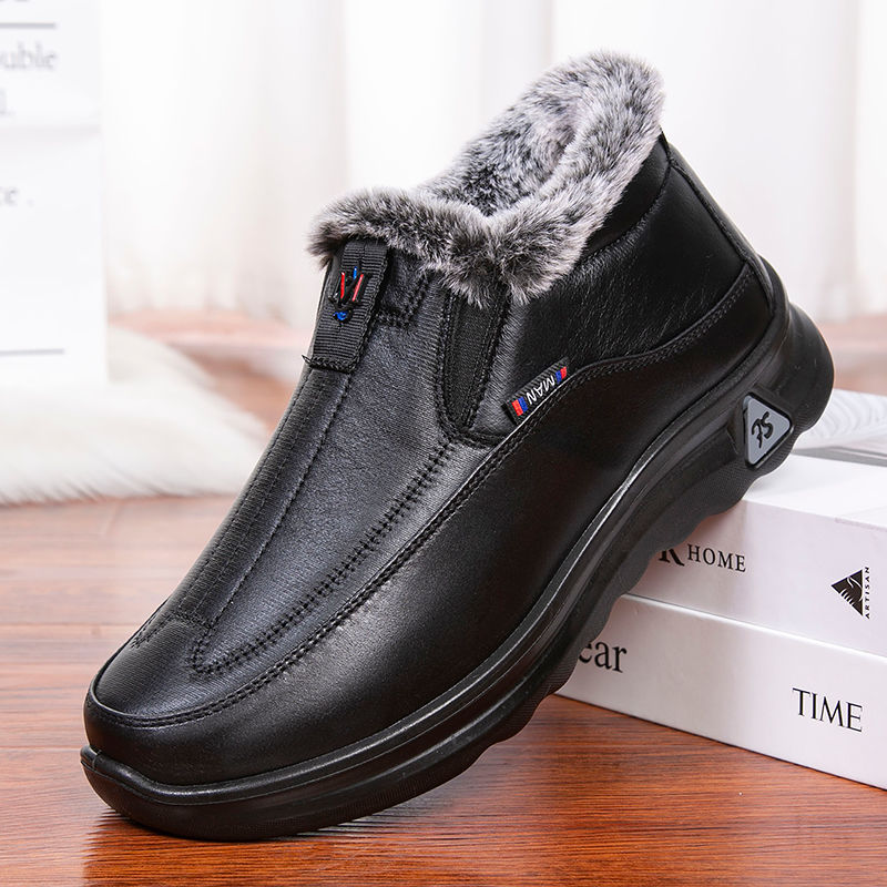冬季老北京布鞋男士高帮加绒加厚保暖轻便舒适中老年皮面爸爸棉鞋