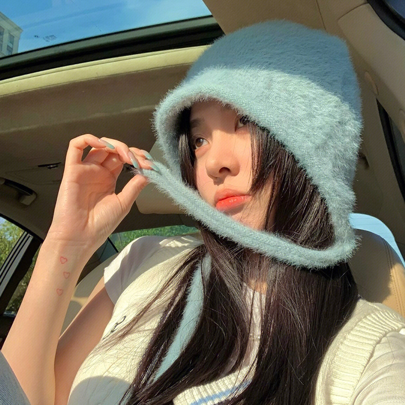 显脸小毛线帽子女秋冬保暖毛绒针织护耳帽学生甜美可爱绑带包头帽