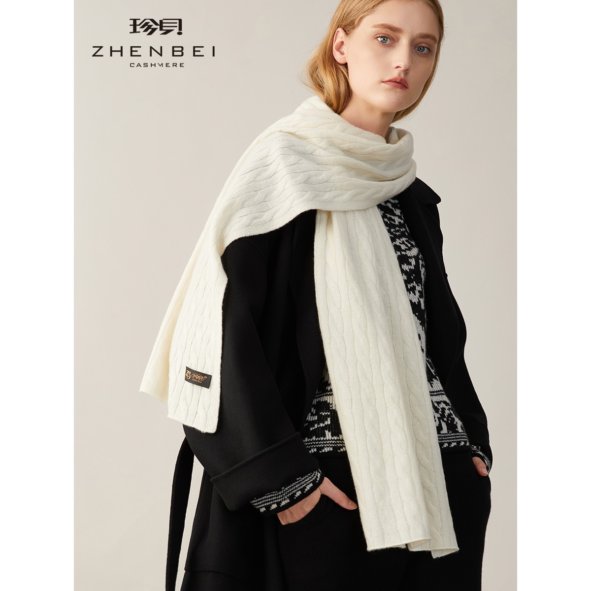 ZB/珍贝纯羊绒围巾女绞花厚款针织保暖围巾长方形2022冬季新款A90