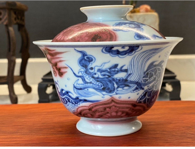 仿元龙纹釉里红盖碗，纯手工手绘，容量120左右兰亭序主人杯蝶恋花