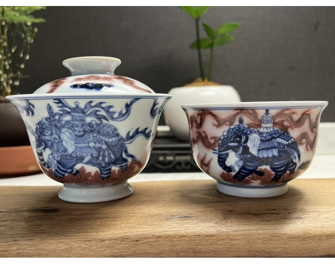 原矿釉里红，大象盖碗+主人杯，手工